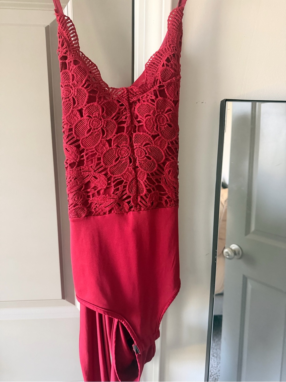 SHEIN Red Crochet Lace Bodysuit Chemise